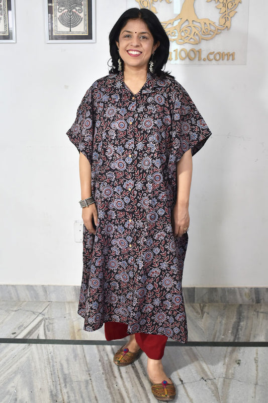 Beautiful Hand Block Printed Ajrakh Kaftan, Can fit till size 48