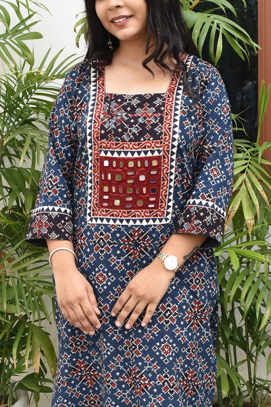 Hand block printed Ajrakh Cotton kurta with Kutch Mirror work - size 40, 42, 44