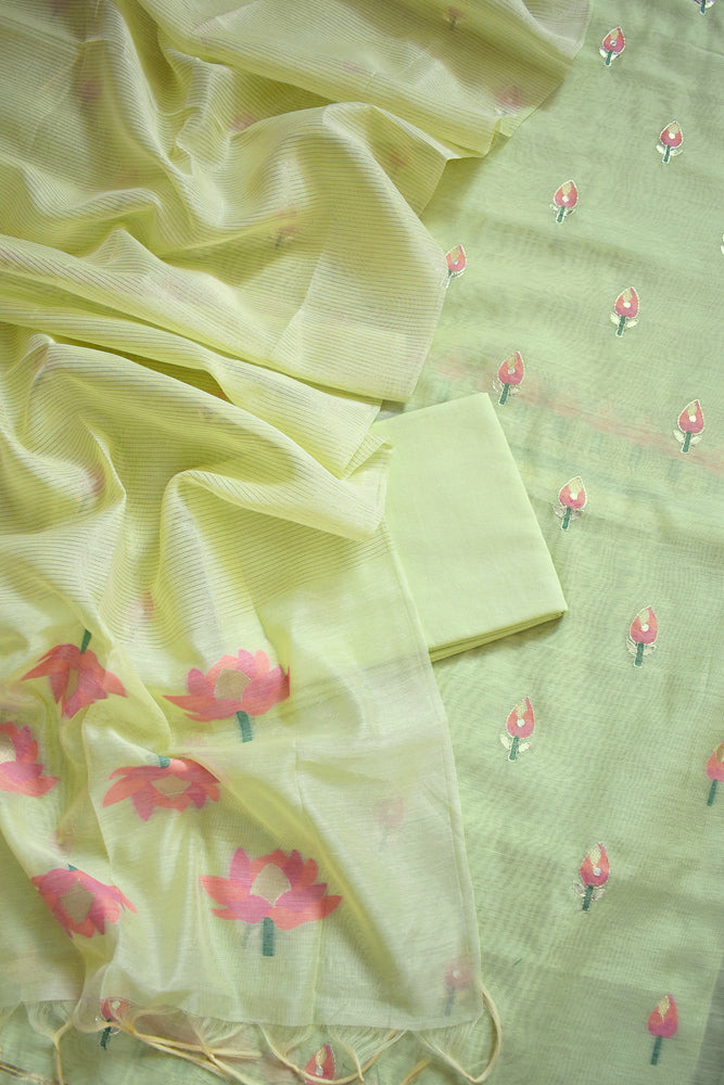 Beautiful  Banarasi Chanderi cotton silk unstitched suit fabric with Woven motifs with mirror work