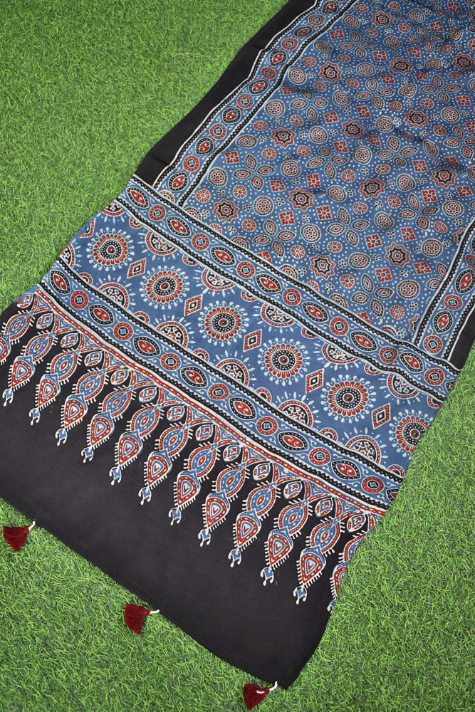 Beautiful Hand Block Printed Ajrakh Modal Silk stole with Tassels