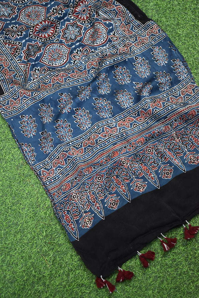 Beautiful Hand Block Printed Ajrakh Modal Silk stole with Tassels