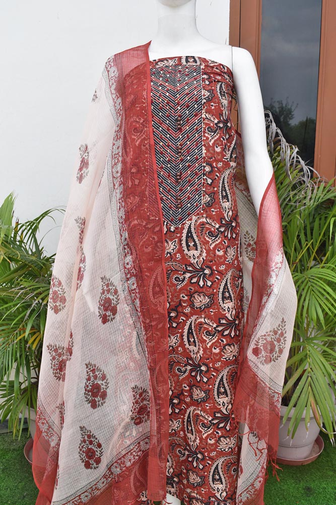 Beautiful  Cotton Unstitched Suit with kalamkari print, Neck patch, Intricate Hand Embroidery & Block print Kota dupatta