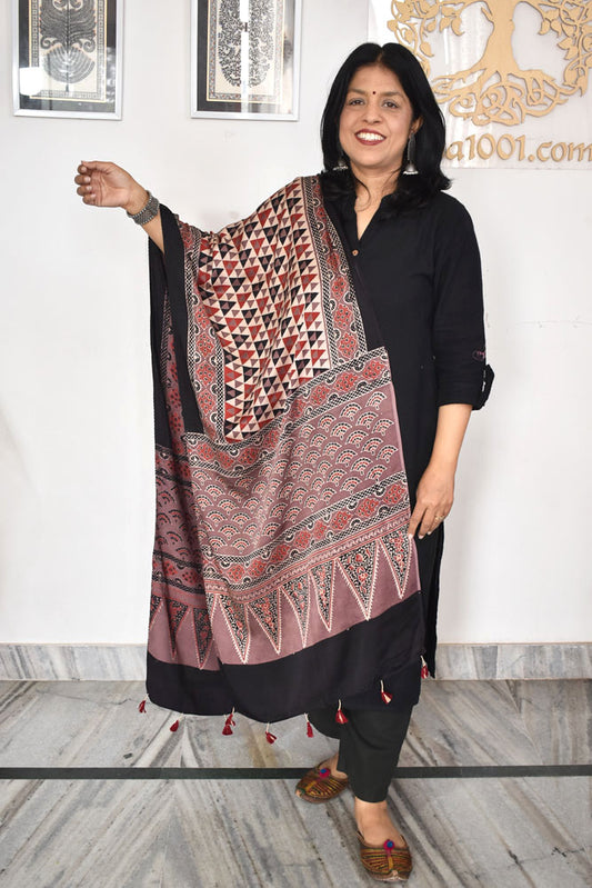 Beautiful Hand Block Printed Ajrakh Modal Silk stole with Tassels