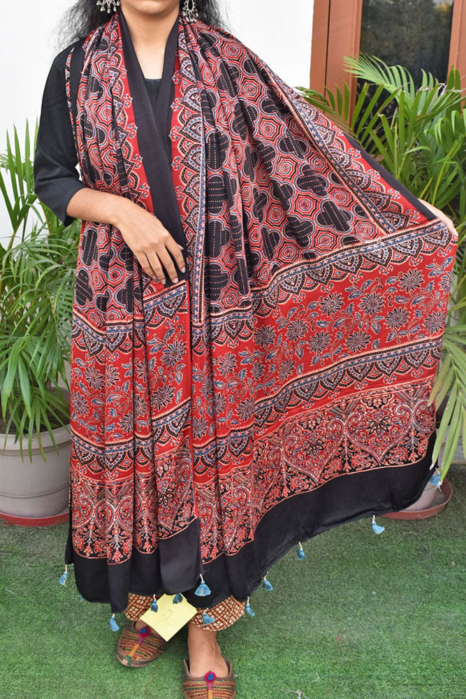 Elegant Modal Silk Ajrakh Block Print Dupatta with tassels