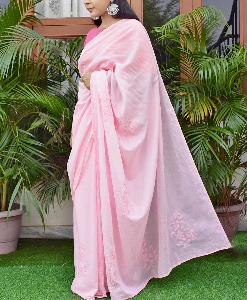 Organdy Cotton Saree Applique work Flamingo Pink Colour with running  blouse-Indiehaat – Indiehaat.com