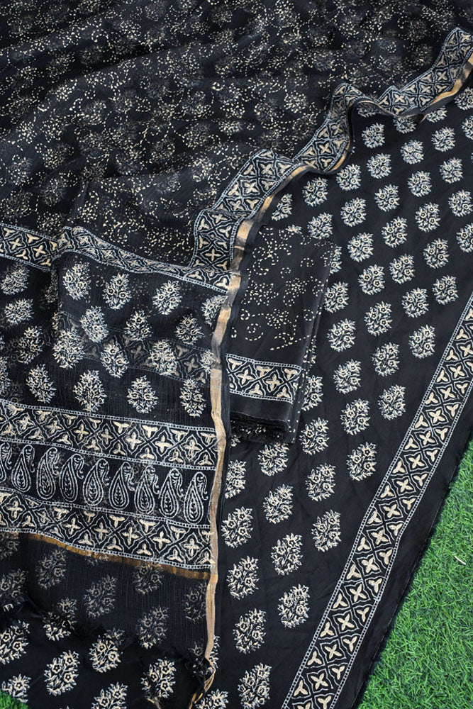 Beautiful Khadi ( खड़ी) Hand Block Printed Cotton unstitched suit fabric with Kota Doria Dupatta