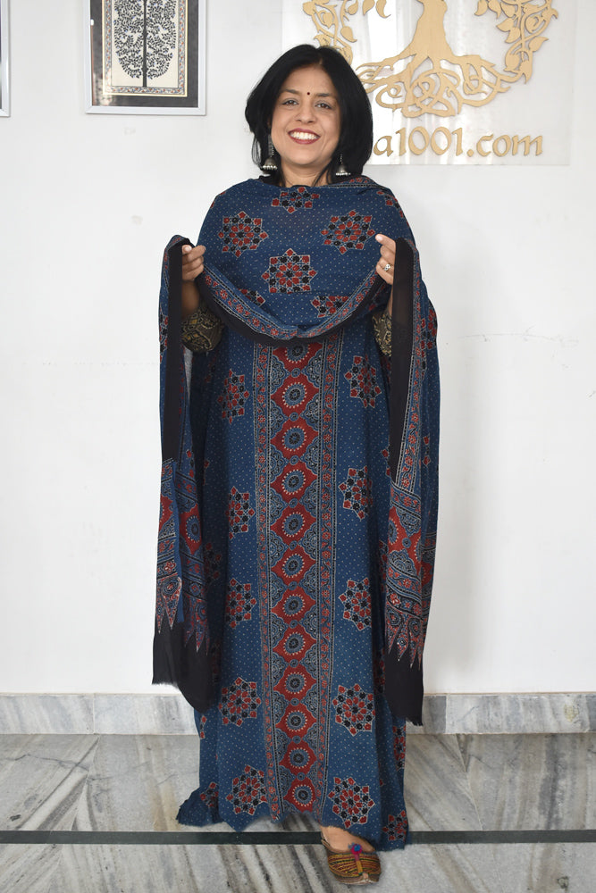 Ajrakh Hand Block Print Georgette Dupatta & Georgette Kurta Fabric