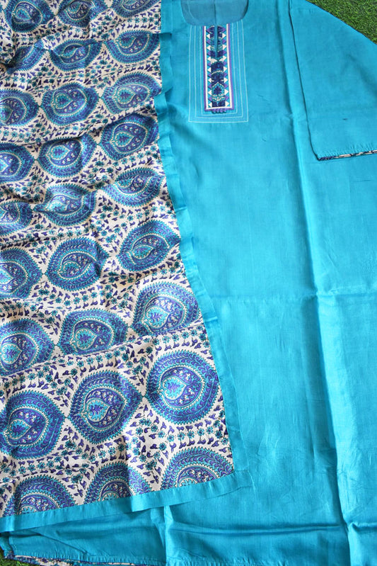 Semi Stitched Block Printed Tussar Silk Dupatta  & Tussar Kurta Fabric