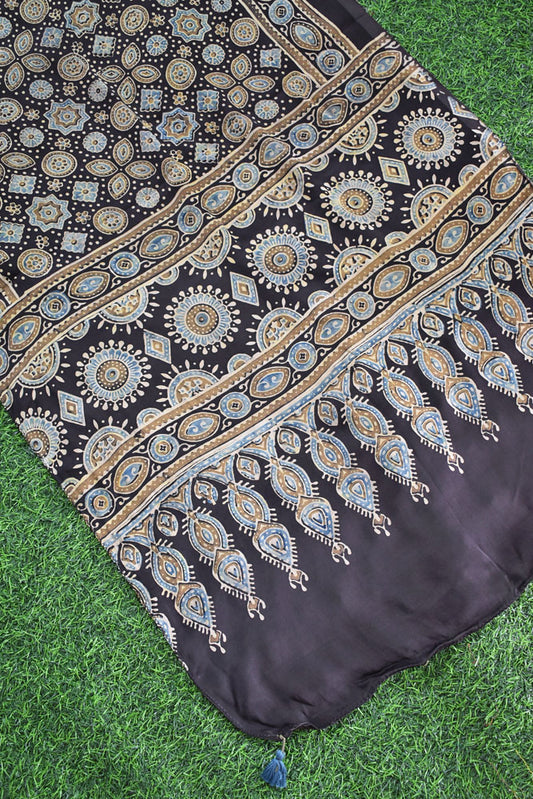 Beautiful Hand Block Printed Ajrakh Modal Silk stole with Tassels