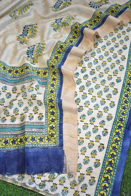 Elegant Hand Block printed Moonga Tussar Silk Kurta Dupatta Set