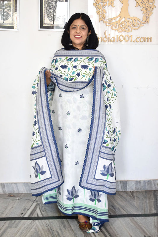 Beautiful Pichwai theme cotton suit with woven and block printed patterns