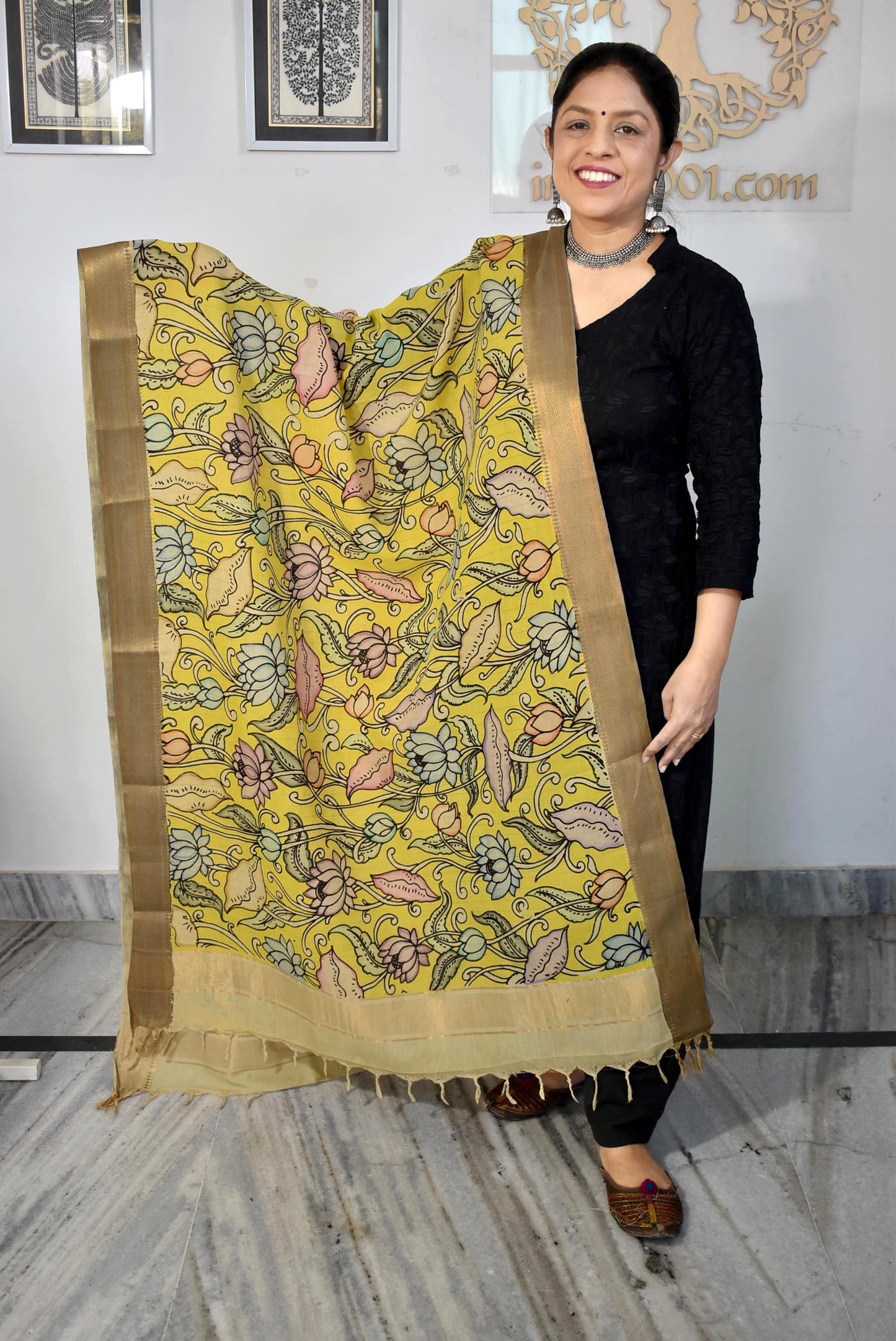 Beautiful Bangalore Cotton Silk Hand Painted Kalamkari Dupatta