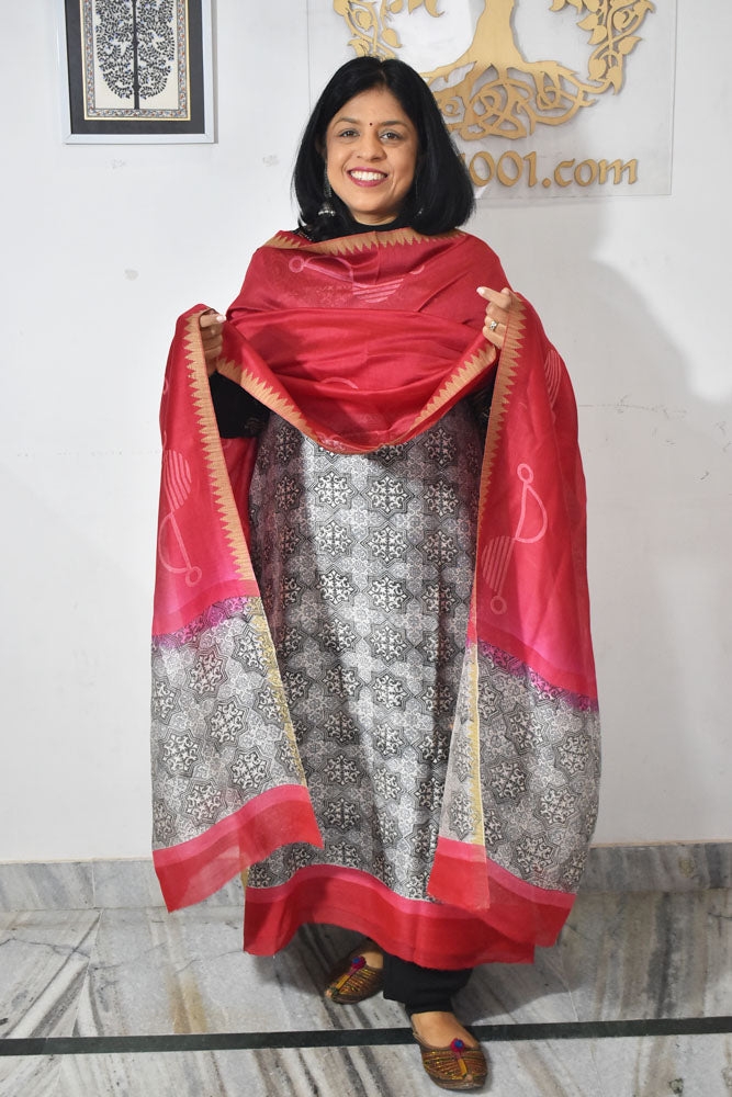 Beautiful Hand Block Printed Maheshwari Silk Cotton Unstitched suit fabric with Ghicha borders