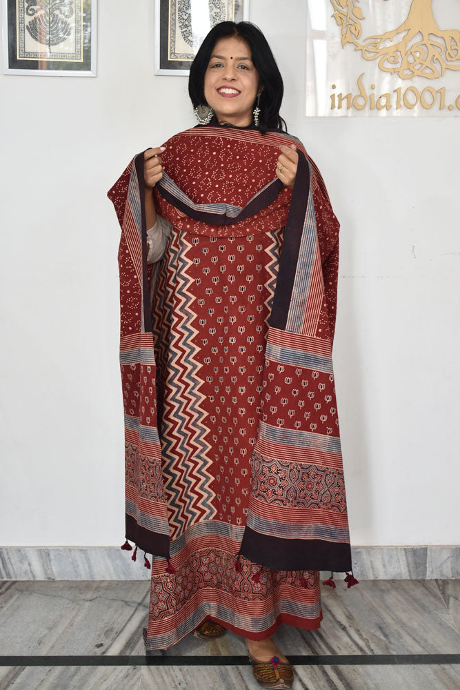 Block Print Ajrakh Cotton Suit with designer Ajrakh neck yoke /panel & Long Stole