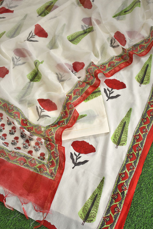 Designer Hand Block Placement Print Cotton suit with Chanderi dupatta and panel design