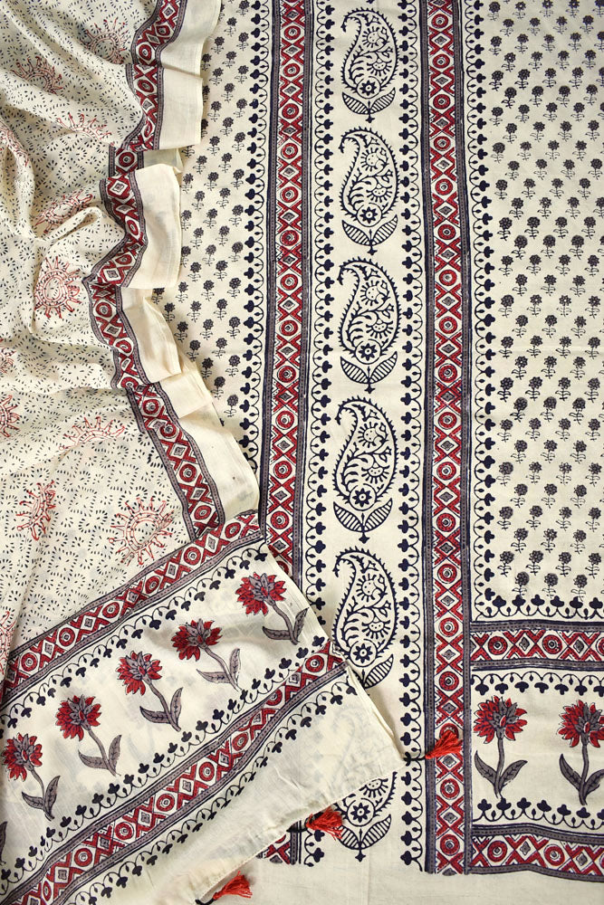 Designer Hand block printed Barmer Ajrakh soft Mul Cotton dupatta & cotton kurta fabric set