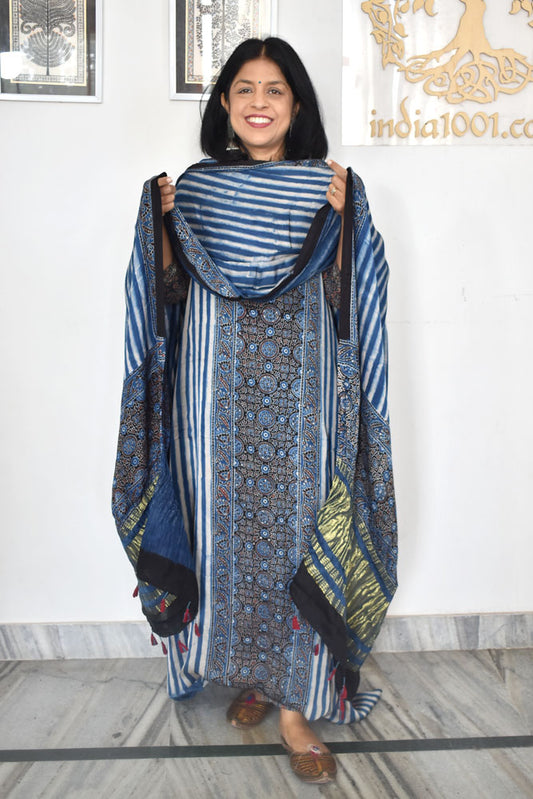 Beautiful Hand Block printed Kutch Ajrakh Modal silk suit with Lagdi patta