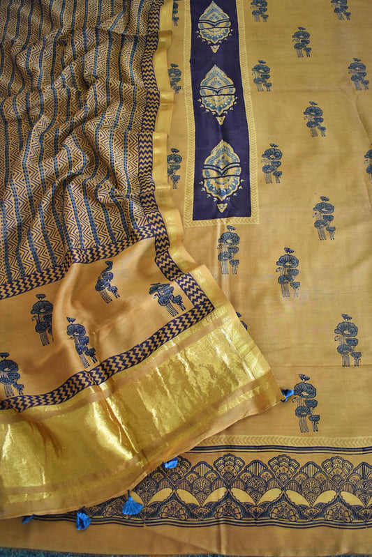 Beautiful Hand Block printed Kutch Ajrakh Chanderi Kurta and Lagdi patta dupatta set