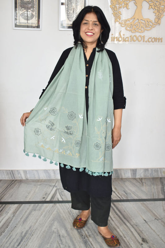 Beautiful Soft Cotton Voile Stole with Kantha work & hand embroidery & tassels