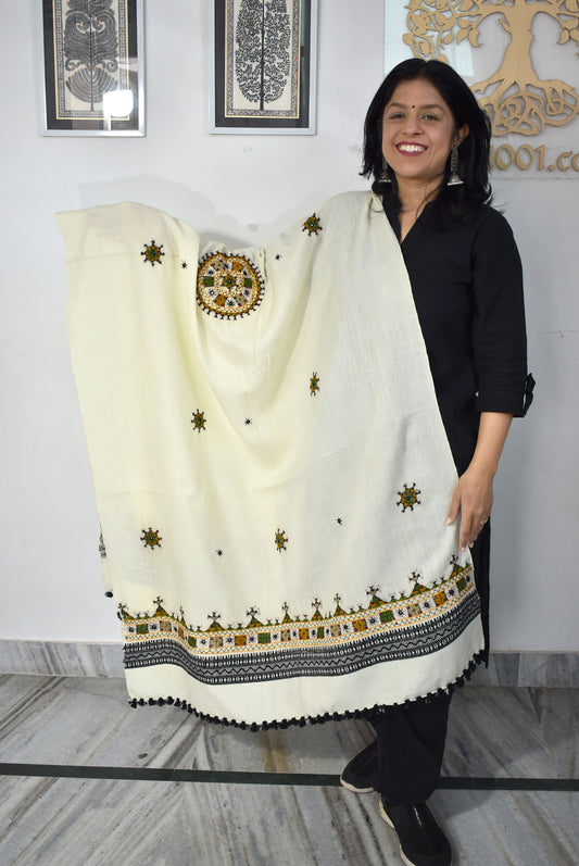 Handwoven Bhujodi Intricate Hand Embroidery & Hand  Mirror Work Woolen  Shawl