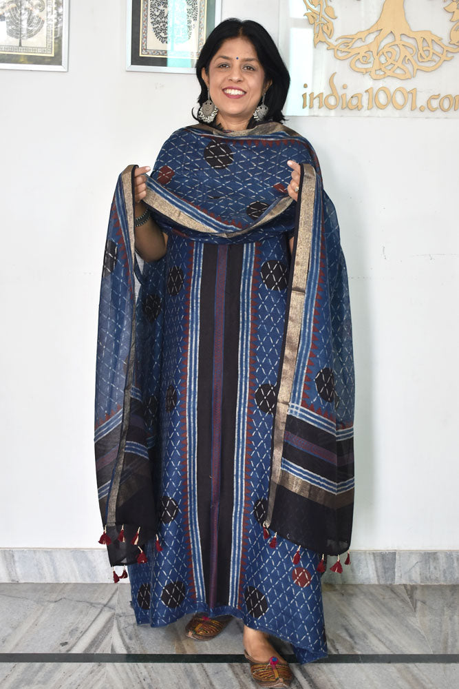 Beautiful Hand Block printed Kutch Ajrakh Chanderi Kurta and Lagdi patta dupatta set