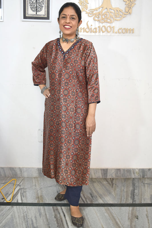 Beautiful Mashru Silk Ajrakh Kurta with Kutch mirror work size - 40-44