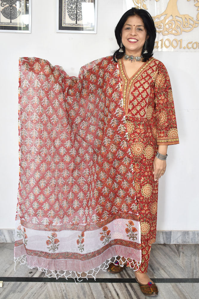 Hand Block Printed Cotton suit with Hand Embroidery - Kurta , Kota Dupatta & Pant - size 38, 40, 42, 44, 46