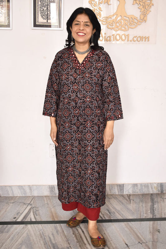 Beautiful Hand Block Printed Ajrakh Cotton kurta with Kutch Mirror work , Size 38 to 50 ( all sizes)