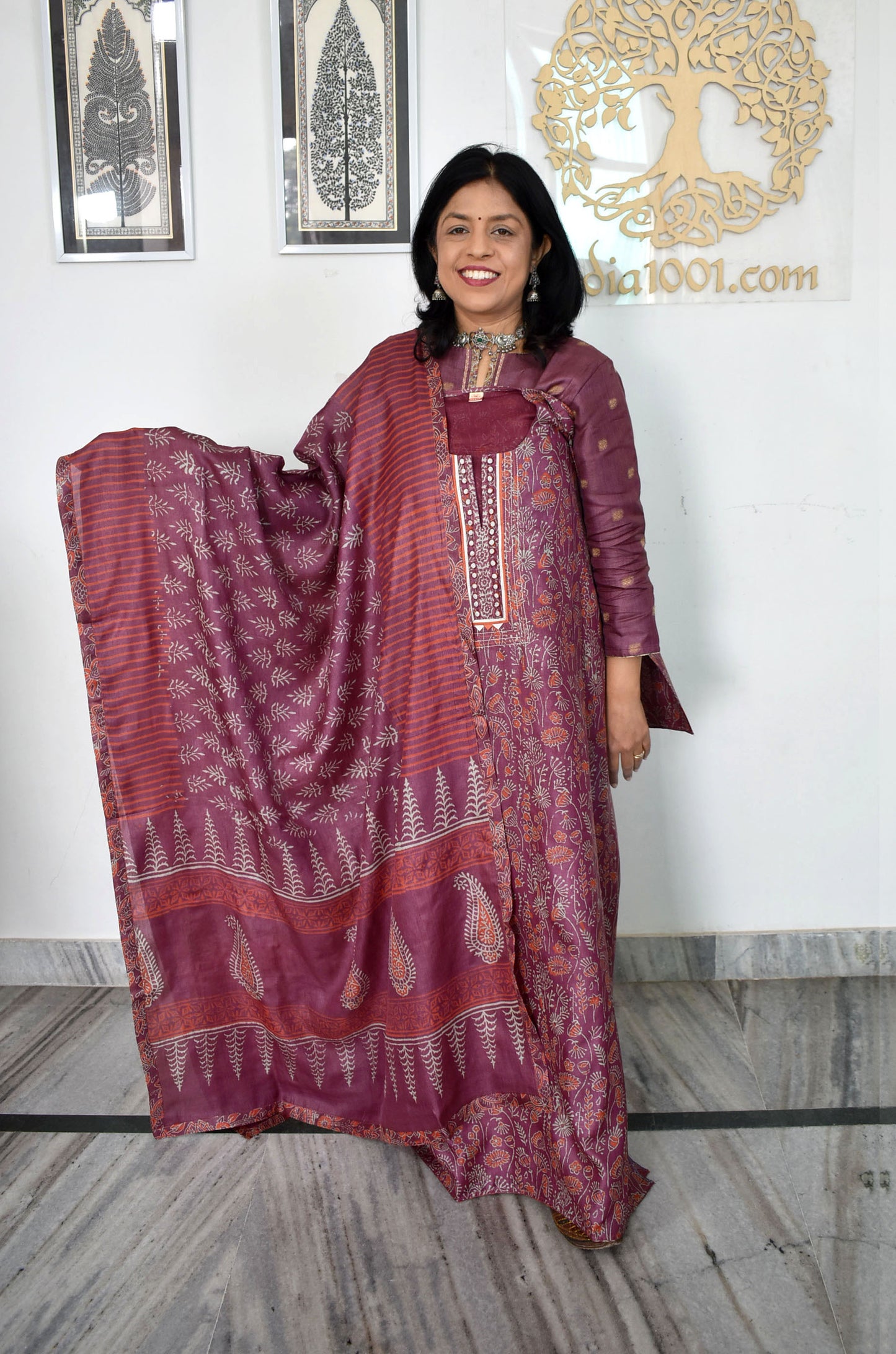 Semi Stitched Block Printed Tussar Silk Dupatta  & Tussar Kurta Fabric