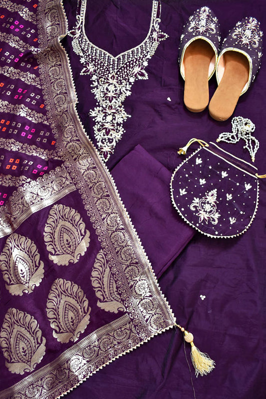 Beautiful Hand Embroidered Chanderi unstitched suit fabric with Banarasi Dupatta & Matching Potli bag & Jutti