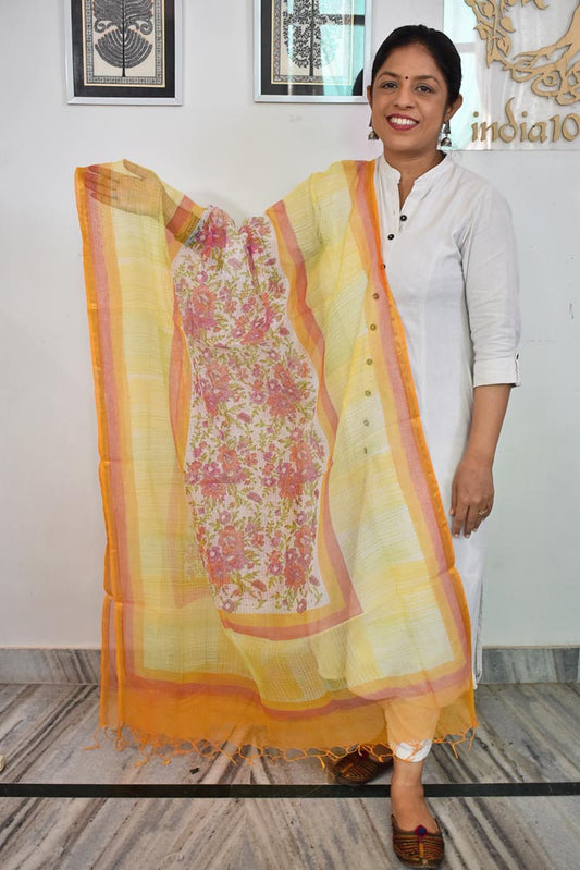 Hand Block Printed & Brush painted  Kota Doria Cotton Dupatta