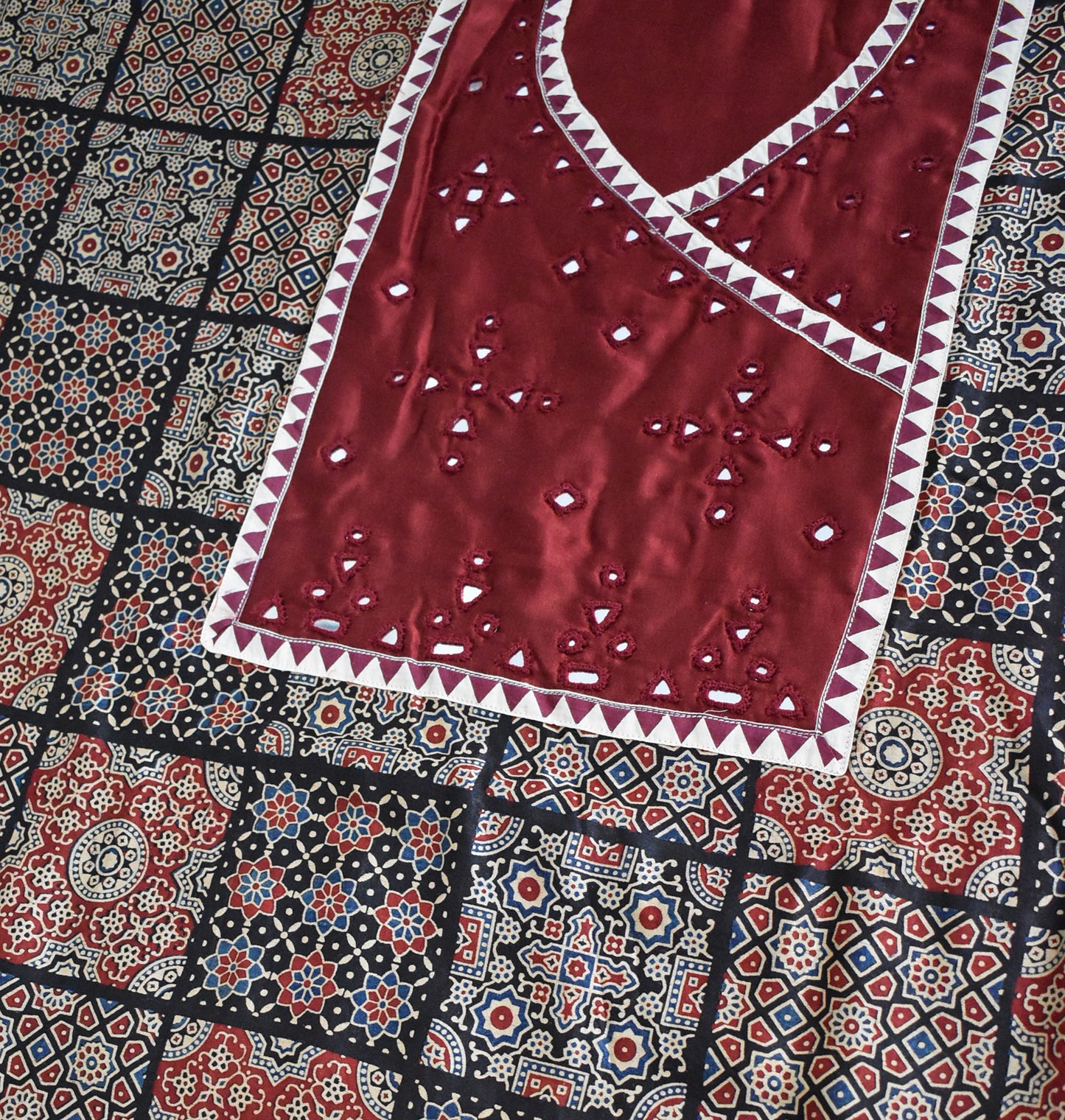 Designer Ajrakh Mashru Kurta Fabric with Kutch Mirror Work patch