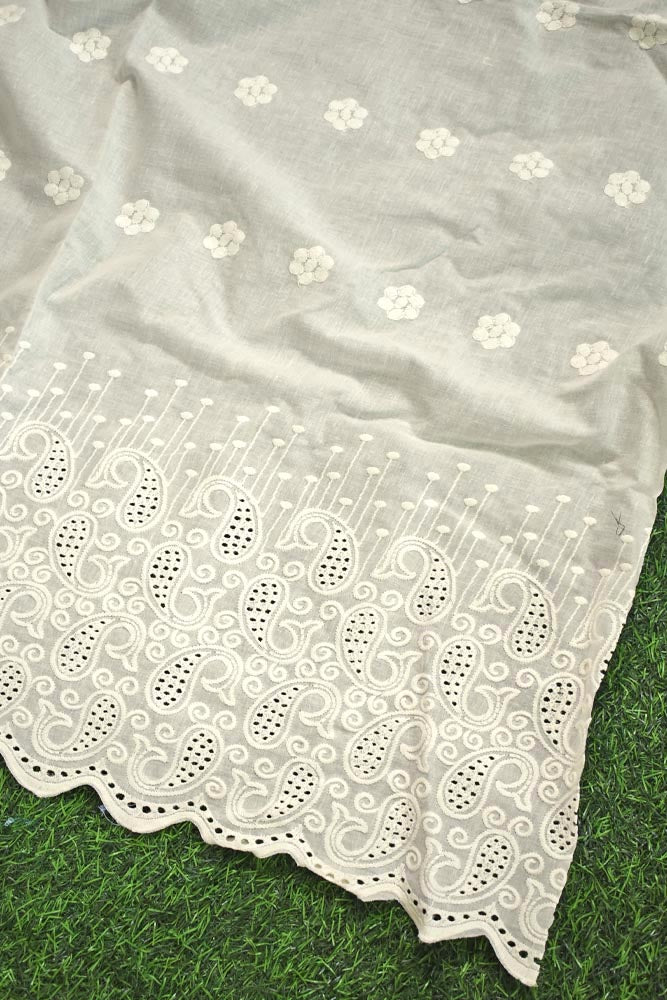 Beautiful cotton ( bottom) fabric with schiffli work & embroidery - 2.5 mtrs - color Dark Cream - dyeable (Copy)