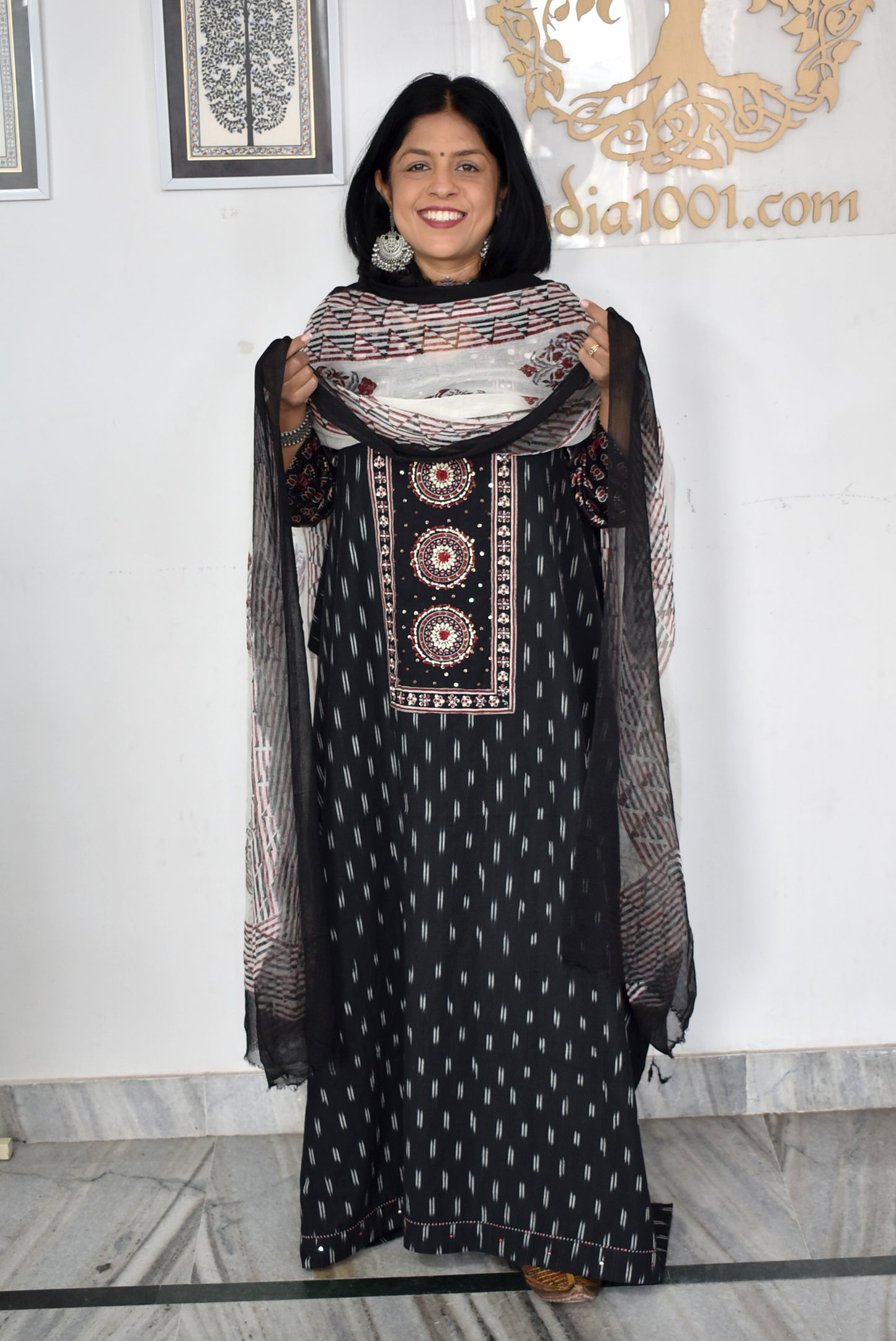 Elegant Handwoven Ikkat Cotton Unstitched Suit with Ajrakh patch ,Intricate Hand Embroidery block print dupatta