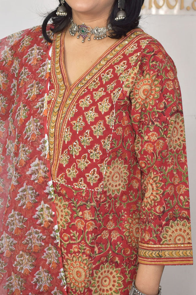 Hand Block Printed Cotton suit with Hand Embroidery - Kurta , Kota Dupatta & Pant - size 38, 40, 42, 44, 46