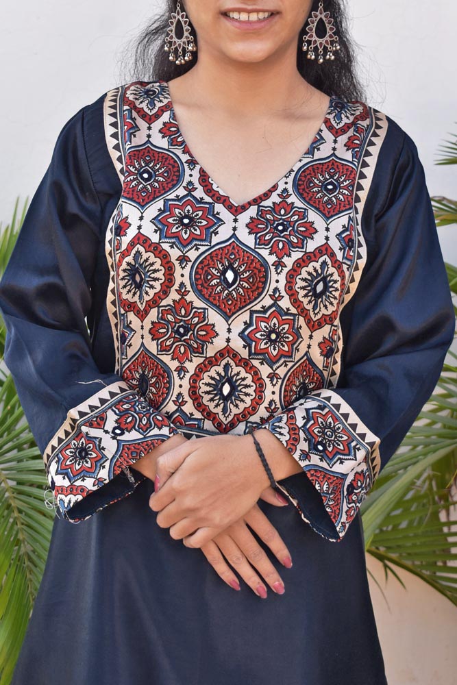 Beautiful Mashru Silk Kurta with Ajrakh patch Kutch & mirror work size with Mashru pant - 38 - 44