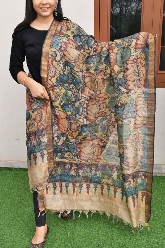 Earthy Hand Painted Kalamkari Desi Tussar Silk Dupatta