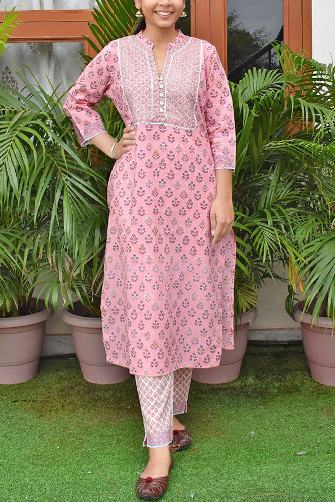 Soft Cotton Kurta and pant set with Embroidery & Lace details -Size 38, 40