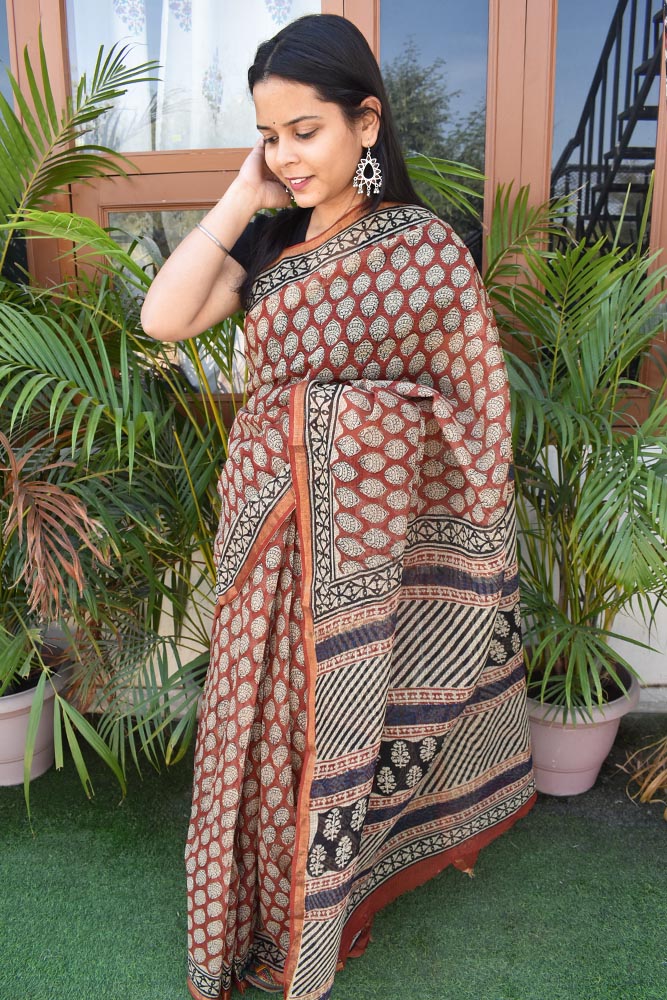 Beautiful Hand Block Printed Kota cotton Saree with zari border ...