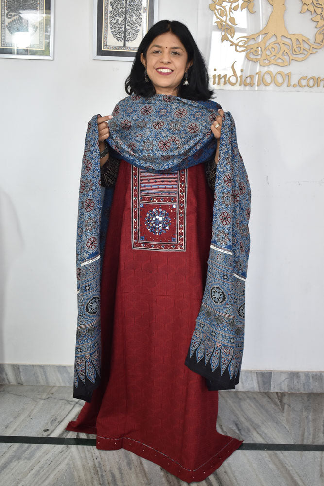 Beautiful  Cotton Unstitched Suit with Neck patch, Intricate Hand Embroidery & Block print Muslin dupatta