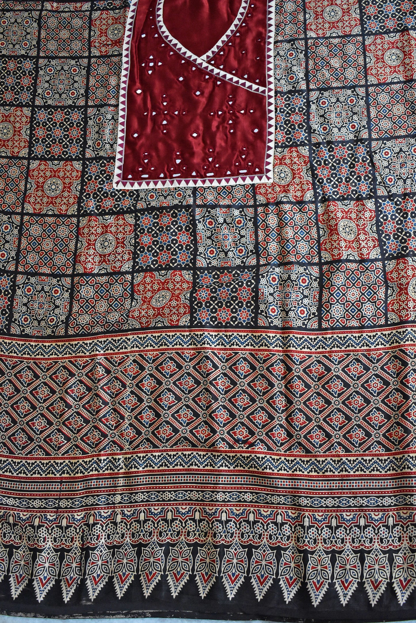 Designer Ajrakh Mashru Kurta Fabric with Kutch Mirror Work patch