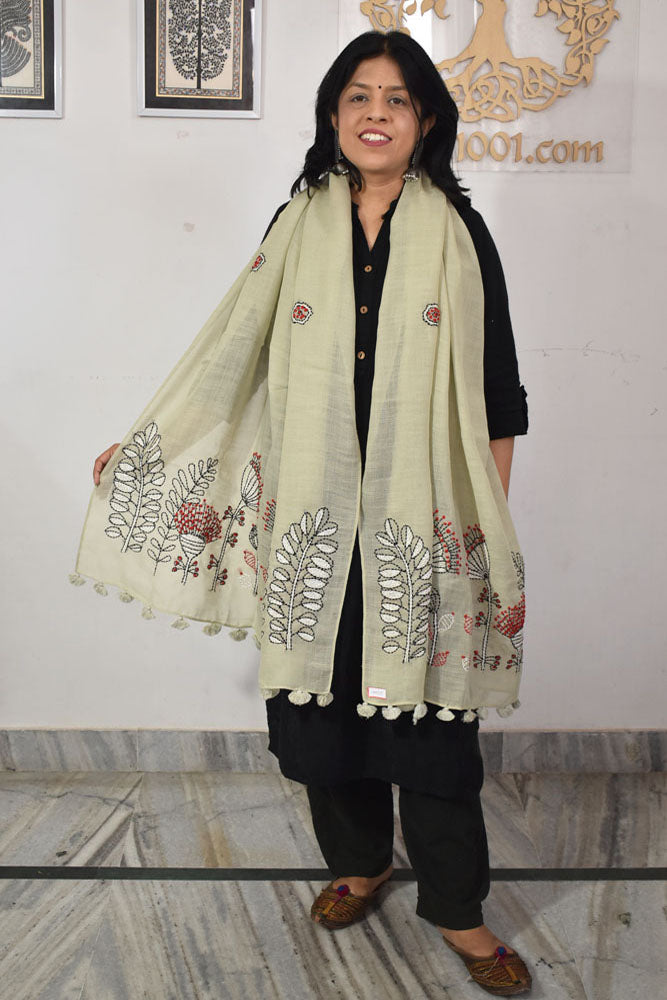 Beautiful Linen Cotton Stole with hand embroidery, embellishments & tassels