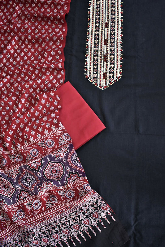 Beautiful  Cotton Unstitched Suit with Neck patch, Intricate Hand Embroidery & Block print Muslin dupatta