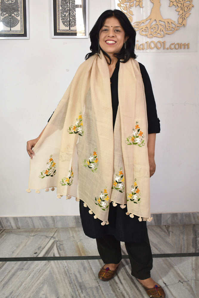 Beautiful Linen Cotton Stole with hand embroidery, embellishments & tassels