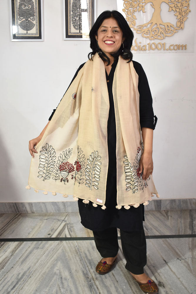 Beautiful Linen Cotton Stole with hand embroidery, embellishments & tassels