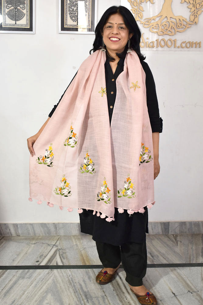 Beautiful Linen Cotton Stole with hand embroidery, embellishments & tassels