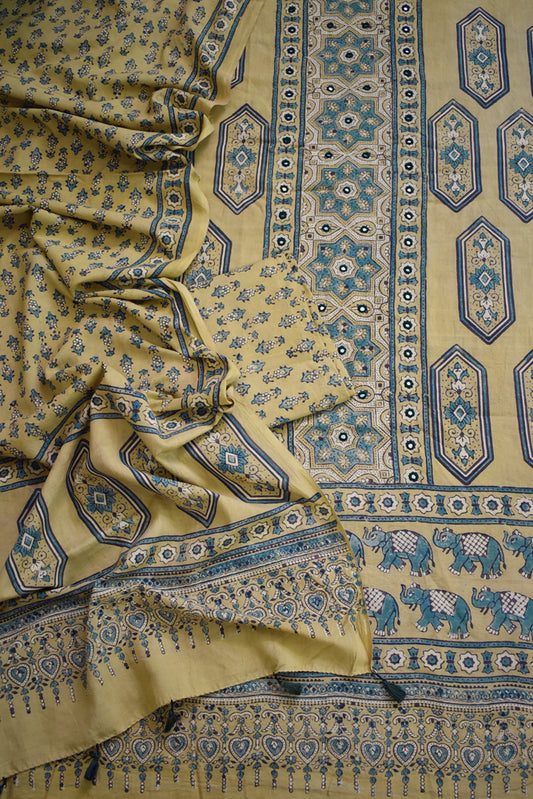 Hand Block Print Ajrakh Cotton Suit  Kutch Mirror work