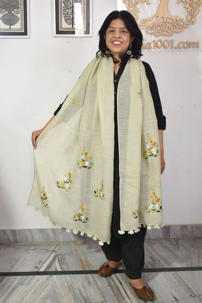 Beautiful Linen Cotton Stole with hand embroidery, embellishments & tassels