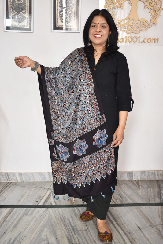 Beautiful Hand Block Printed Ajrakh Modal Silk stole with Tassels