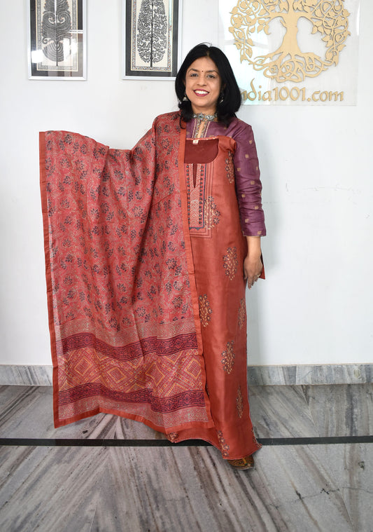 Semi Stitched Block Printed Tussar Silk Dupatta  & Tussar Kurta Fabric